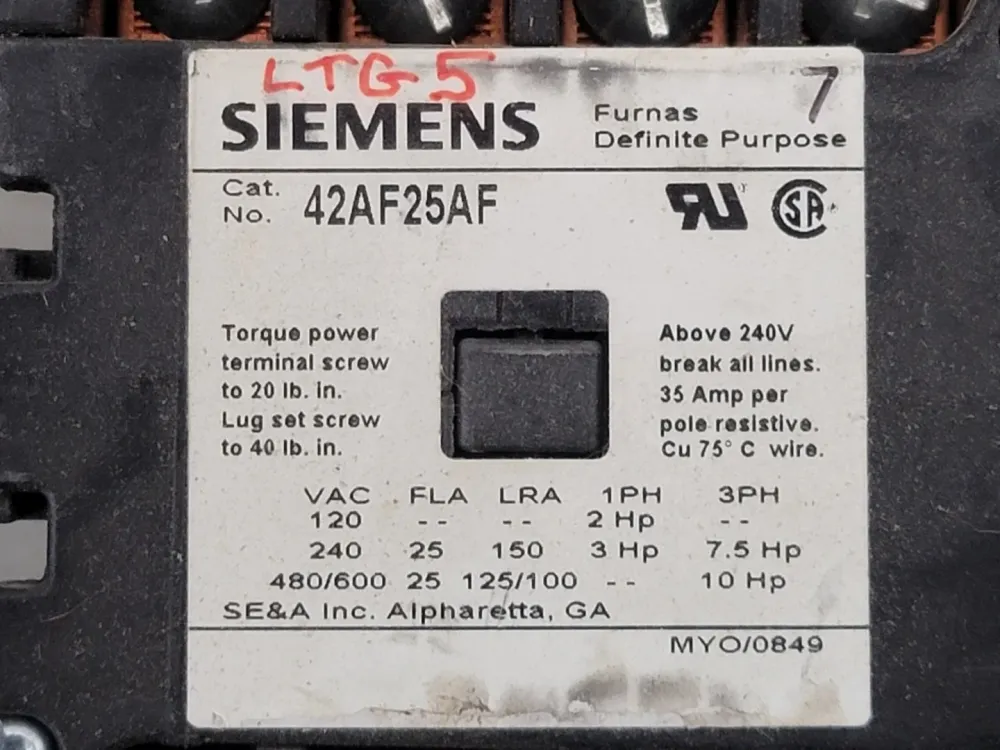 25 Amp, 4 Pole, 110/120 VAC Coil Contactor 42AF25AF