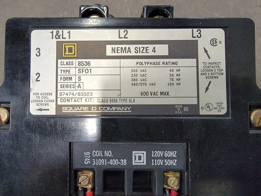 100 hp, NEMA Size 4, 110/120 VAC Coil Non-Reversing Starter 8536SFO1V02S met 400A Piekstroom