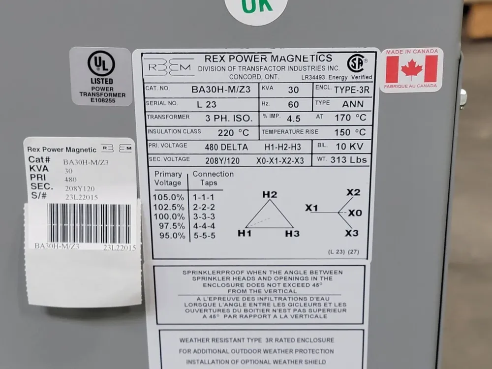 30 kVA Transformer, 480 pri. volts, 120/208Y sec. volts BA30H-M/Z3 voor Wintergebruik