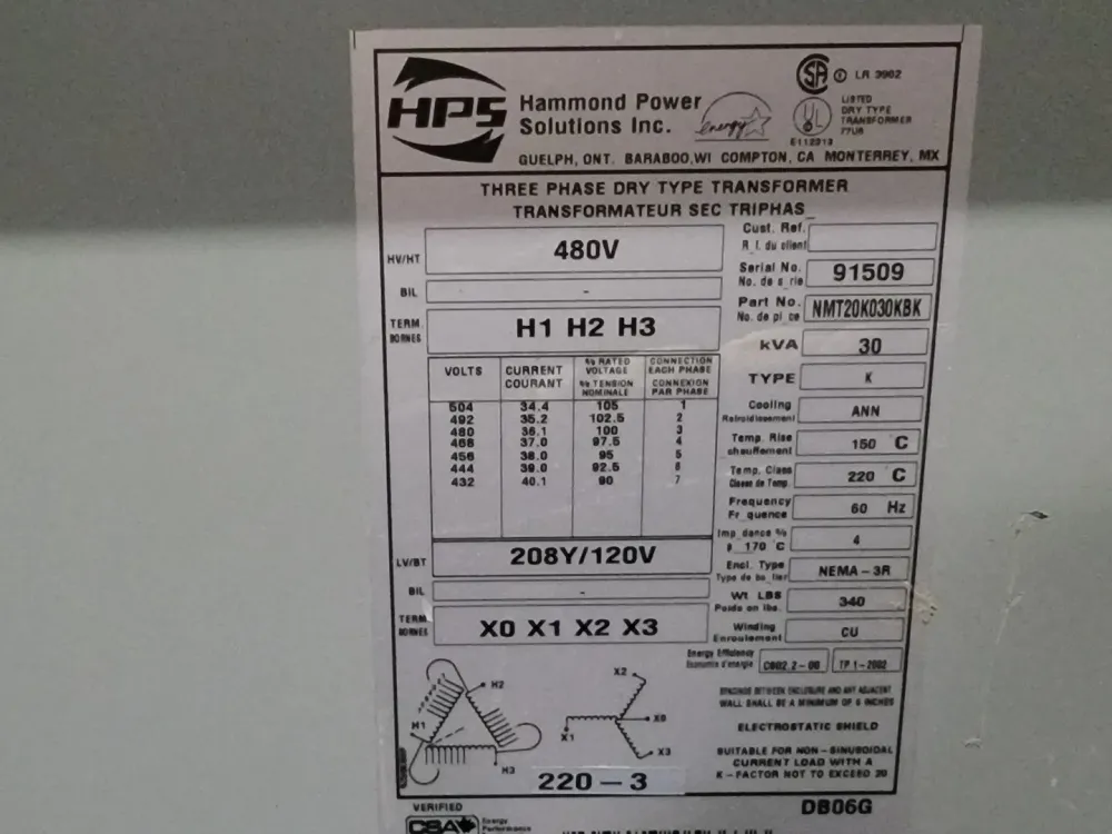 Slimme Lader 30 kVA Transformer Pri 480 volts, Sec 208Y/120 volts, NMT20K030KBK