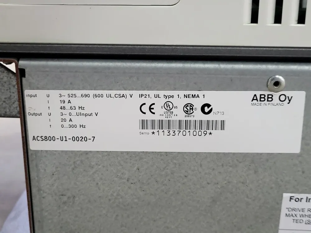 15 hp Variable Frequency Drive (VFD) ACS800-U1-0020-7