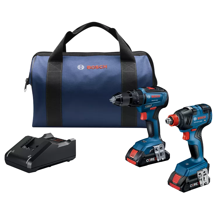 BOSCH 18V 2-Tool Combo Kit w/ 1/2" Hammer Drill/Driver, 2--1 1/4" & 1/2" Bit/Socket Impact Driver/Wrench