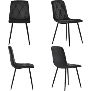 Set van 4 Luxe fluweel stoelen - metalen structuur - Ruitpatroon - zwart