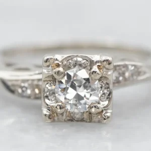 White Gold European Cut Diamond Engagement Ring Diamond Halo and Diamond Shoulders