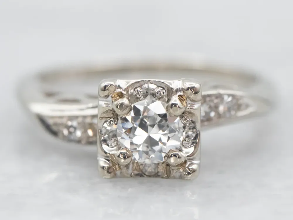 White Gold European Cut Diamond Engagement Ring Diamond Halo and Diamond Shoulders