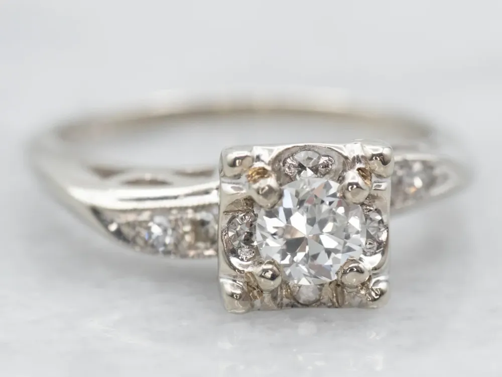 White Gold European Cut Diamond Engagement Ring Diamond Halo and Diamond Shoulders