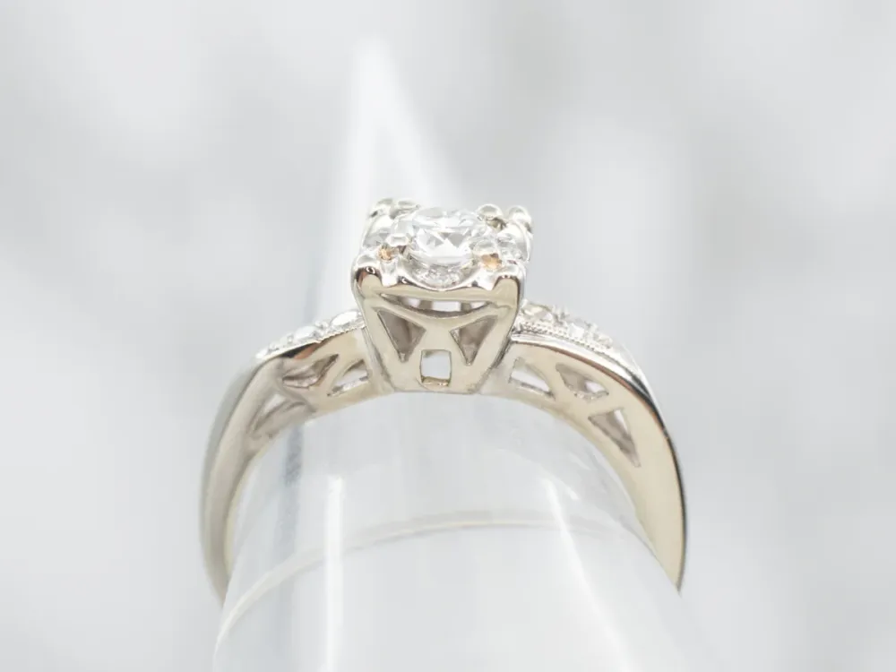 White Gold European Cut Diamond Engagement Ring Diamond Halo and Diamond Shoulders