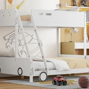 Houten stapelbed - 90x200cm + 140X200cm - autovorm - Wit met beveiliging tegen diefstal