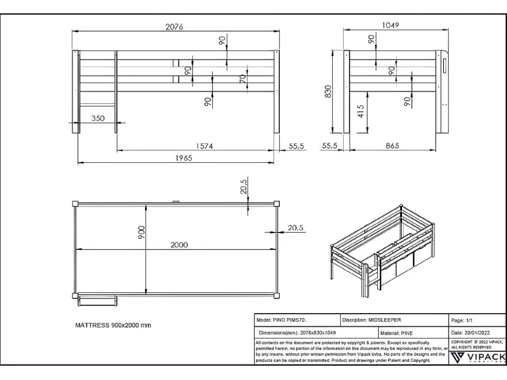 Hoogslaper PINO LB005 105x208x83 Grijs