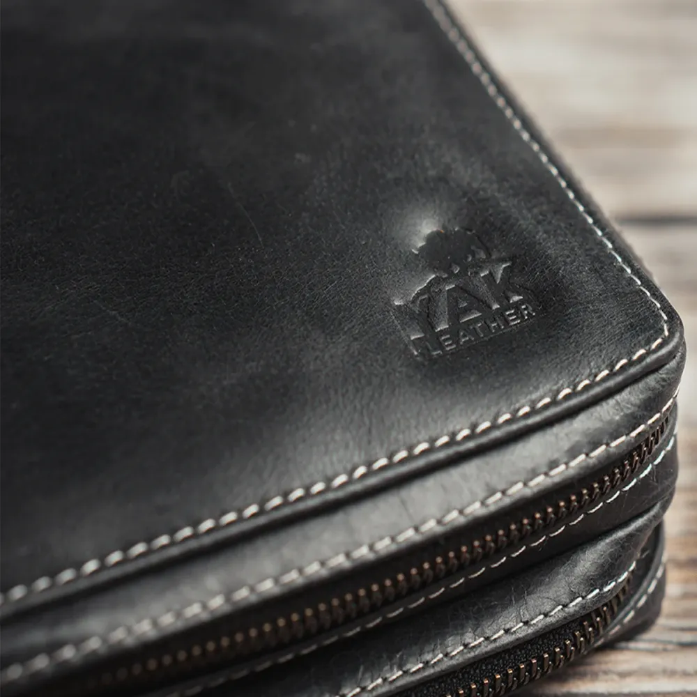 Yak Leather 26 Duo Sided Zipped Pen Holder - Black