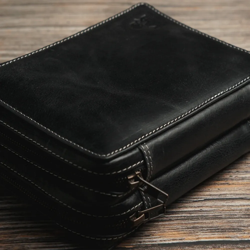 Yak Leather 26 Duo Sided Zipped Pen Holder - Black