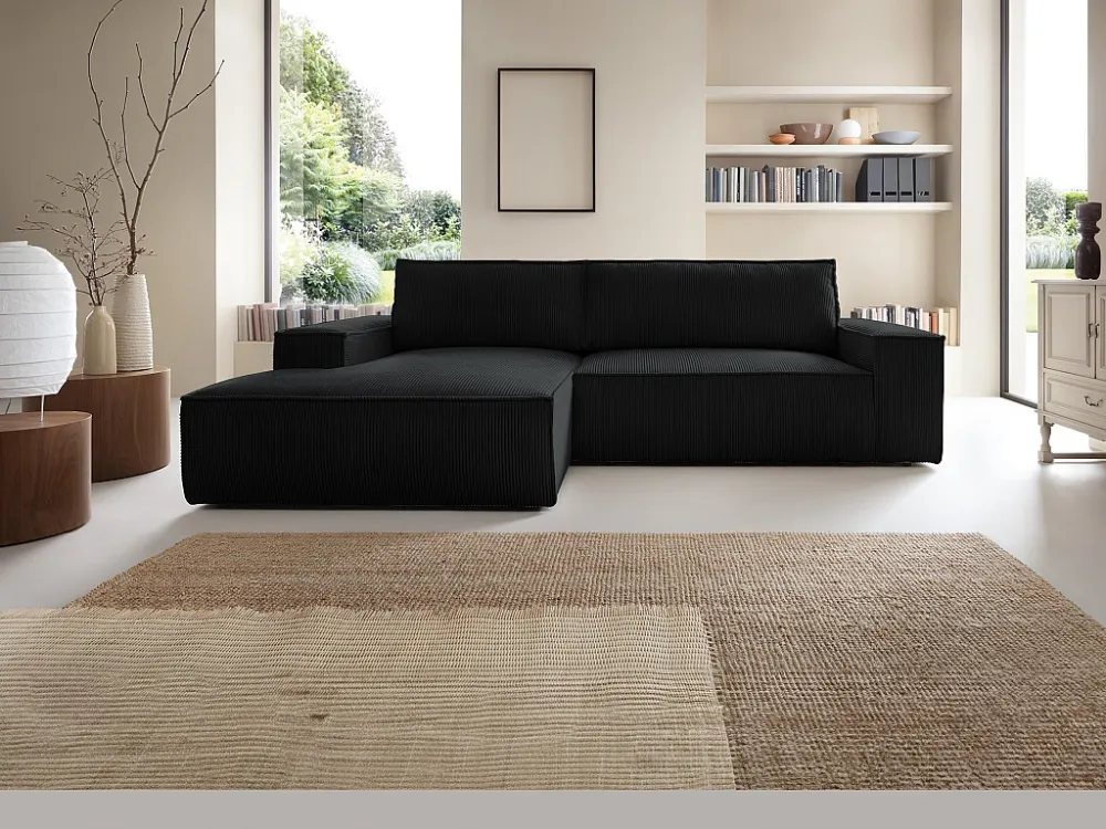 Slaapbank met linkse hoek zwart ribfluweel AMELIA