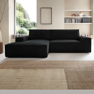Slaapbank met linkse hoek zwart ribfluweel AMELIA