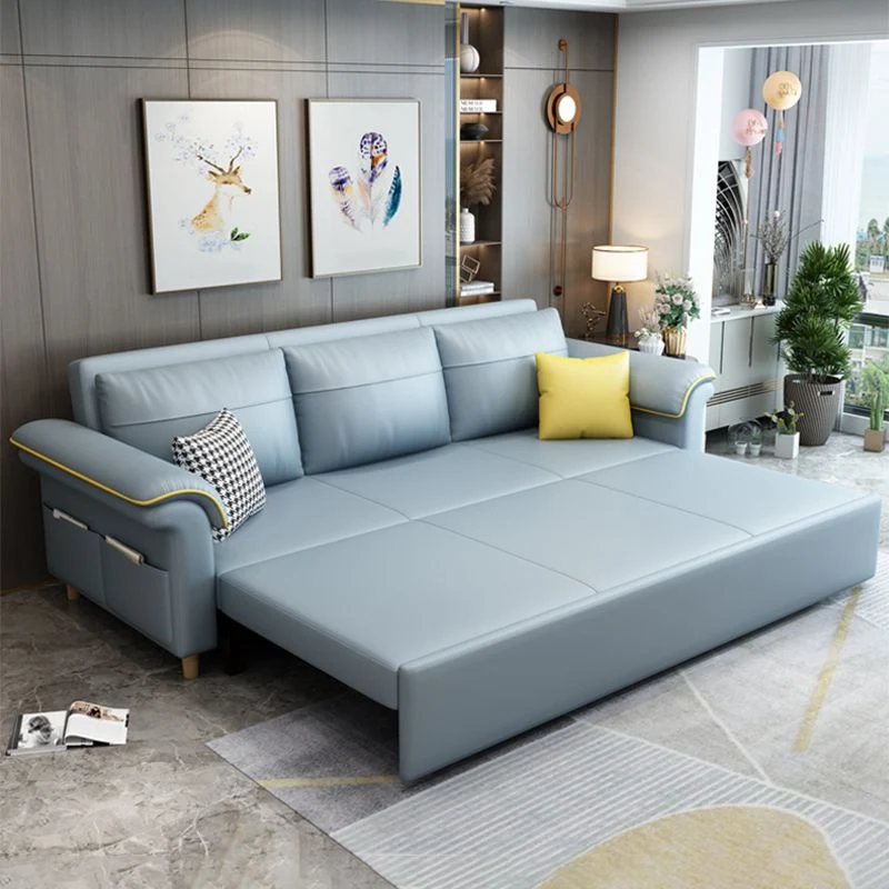Blauw Faux Leather Sleeper Sofa Storage Scandinavian Sofa Bed 55l