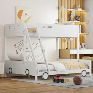 Lit superposé 90x200cm+140x200cm, lit enfant en forme voiture, avec sommier à lattes, structure en bois massif, blanc