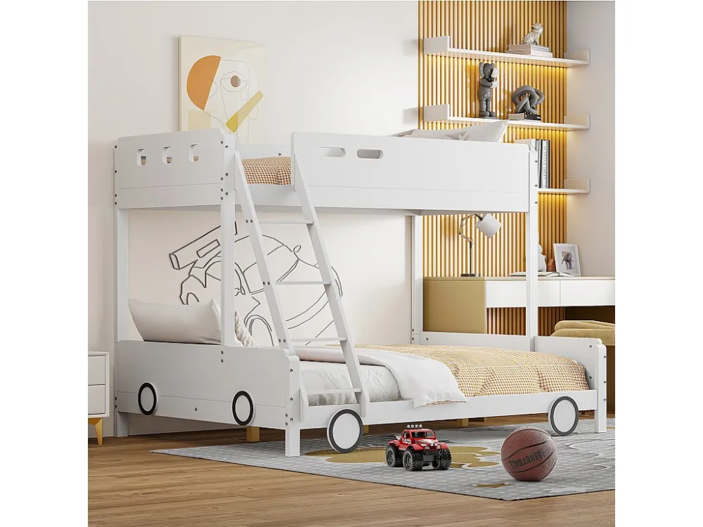 Lit superposé 90x200cm+140x200cm, lit enfant en forme voiture, avec sommier à lattes, structure en bois massif, blanc