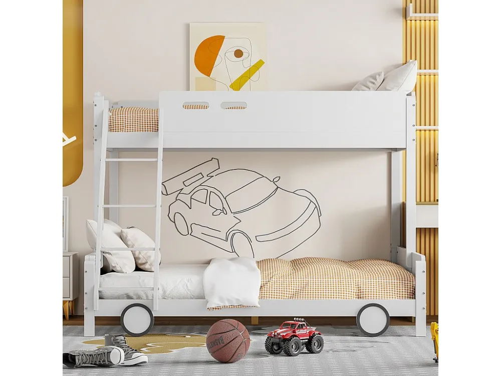 Lit superposé 90x200cm+140x200cm, lit enfant en forme voiture, avec sommier à lattes, structure en bois massif, blanc