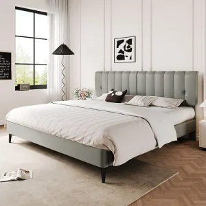 Gestoffeerd bed 160 x 200 cm met hoofdeinde - PU leer - Afneembare rugleuning - Grijs