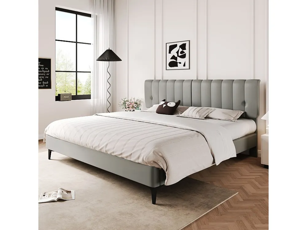 Gestoffeerd bed 160 x 200 cm met hoofdeinde - PU leer - Afneembare rugleuning - Grijs