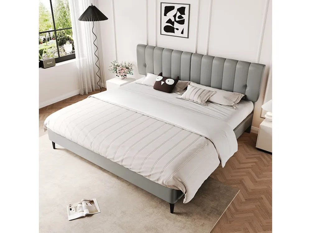 Gestoffeerd bed 160 x 200 cm met hoofdeinde - PU leer - Afneembare rugleuning - Grijs