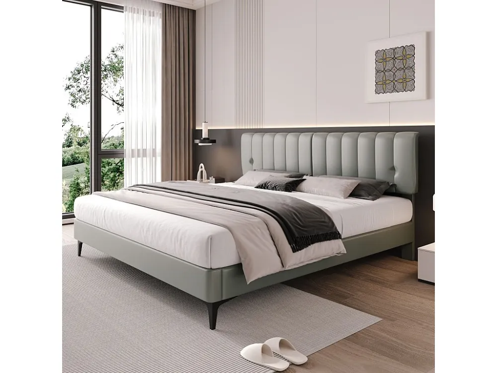 Gestoffeerd bed 160 x 200 cm met hoofdeinde - PU leer - Afneembare rugleuning - Grijs