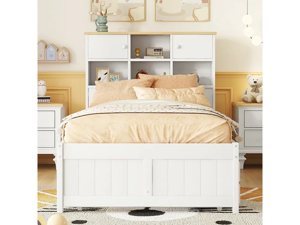 Lit gigogne 90x200cm+90x190cm, avec 3 tiroirs, avec sommier à lattes et tête de lit avec plusieurs rangements, blanc