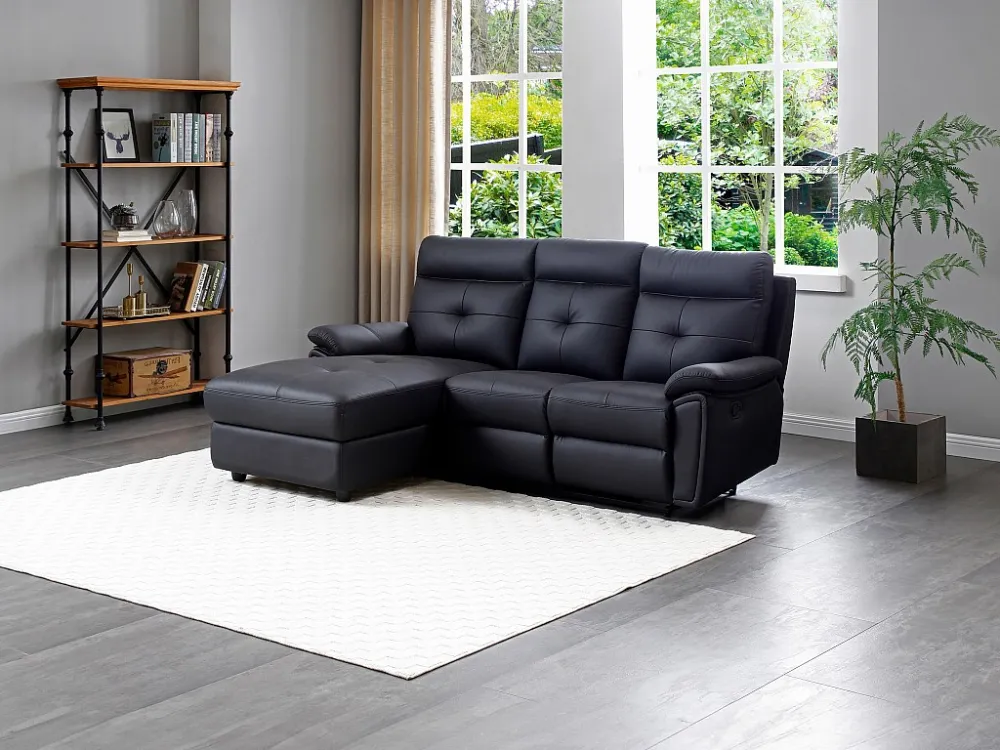 Relaxhoekbank met linkse hoek zwart leer VINETA