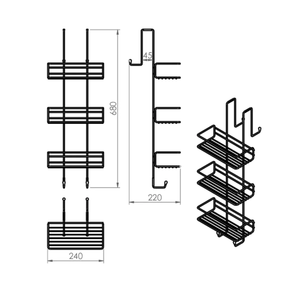 Gasdruk schokdemper Rectangular 3-tier shower storage rack Gedy Tito model - Verchroomd