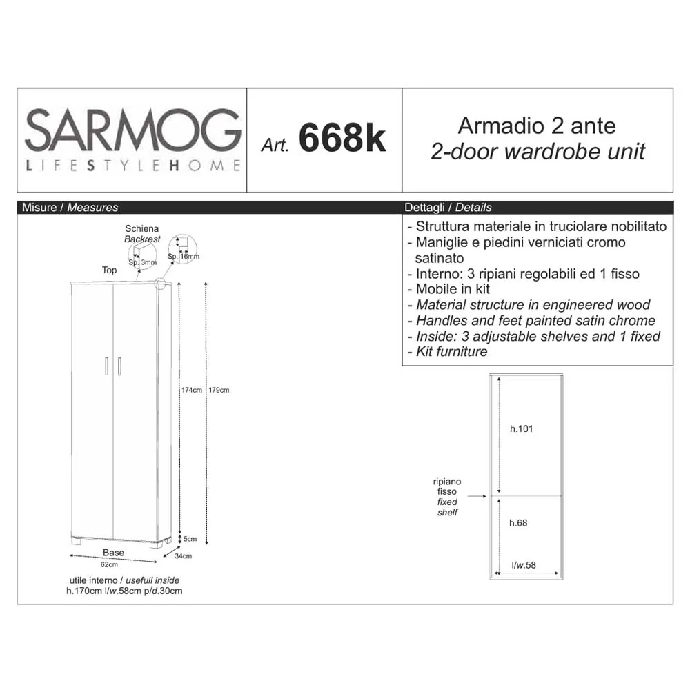 Mobile column 2 doors 3 aanpasbaar shelves and 1 fixed shelf, White Fiammato finish Sarmog compatibel met Ford Focus MK3