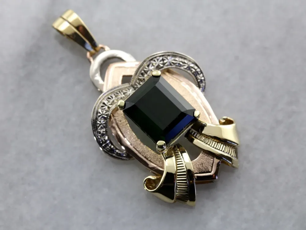 Professionele Klasse Retro Era Statement Pendant, Green Tourmaline Tri Color Gouden