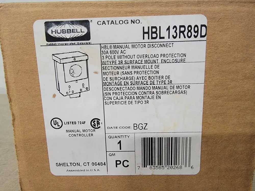 Heavy Duty 30 Amp, 3 Pole, 600 Volt Motor Disconnect HBL13R89D