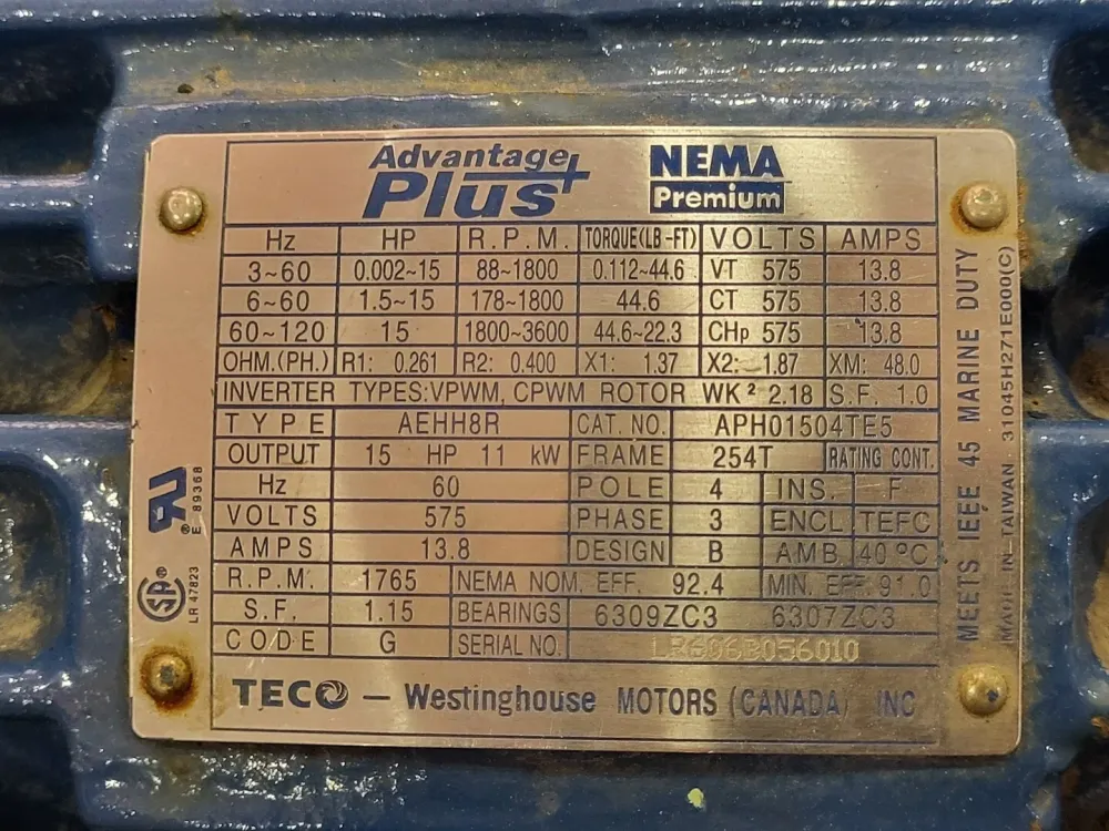 15 hp 1800rpm 575V 3-Ph Motor APH01504TE5 w/ Centrifugal Pump
