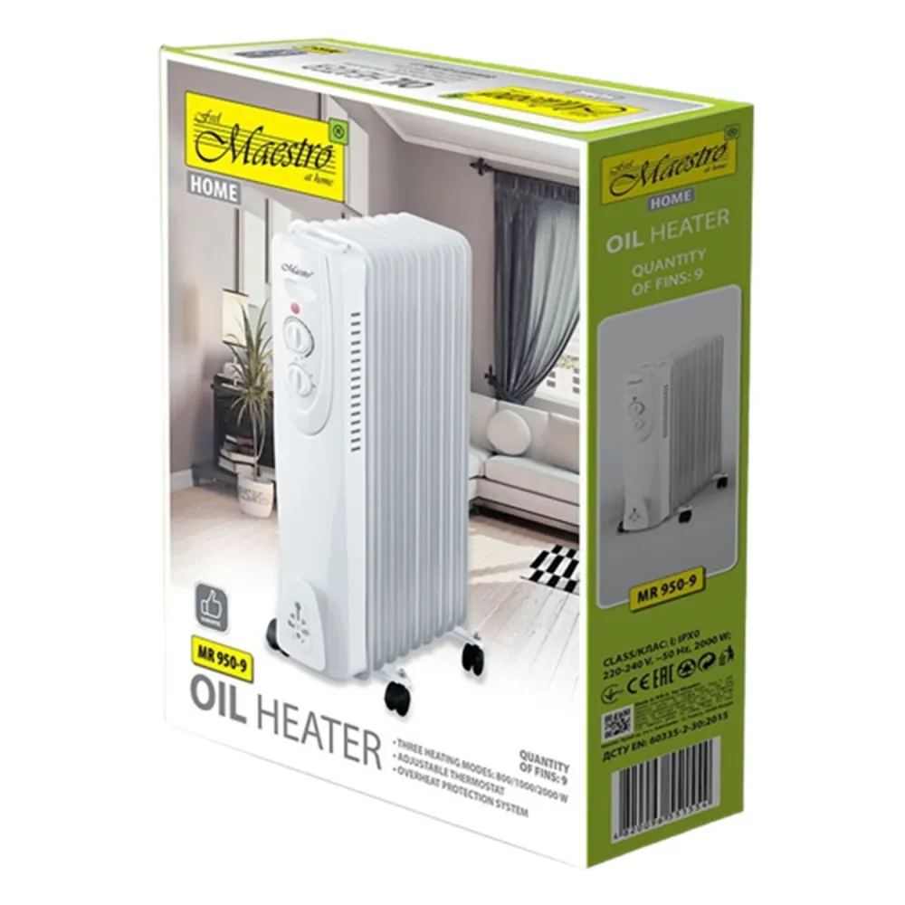 Maestro- elektrische olieverwarmer 2000W 9 vinnen 3 warmtestanden 800 /1200 /2000 W Thermostaat